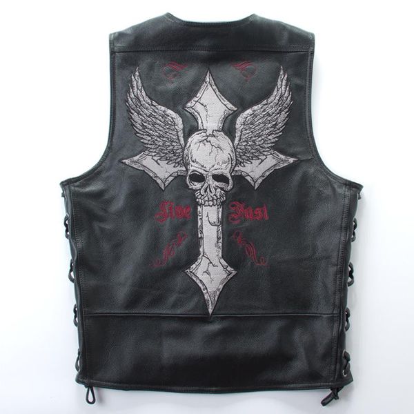 men's leather & faux punk style genuine vest withe skulls pattern motocycle men v-neck sleeveless cow jacket, Black
men's leather & faux punk style genuine vest withe skulls pattern motocycle men v-neck sleeveless cow jacket, Black