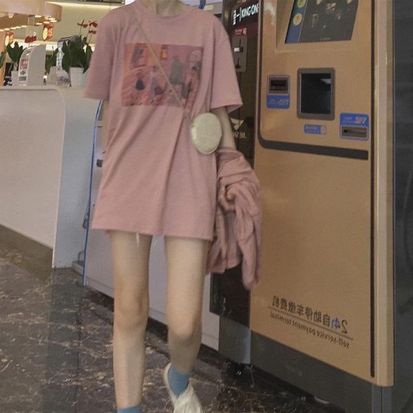 women's t-shirt 2021 summer carton print for female korean loose short sleeve pink tee shirt women fashion students long top, White 
women's t-shirt 2021 summer carton print for female korean loose short sleeve pink tee shirt women fashion students long top, White