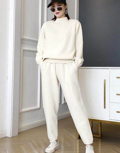 women's two piece pants double-sided cashmere blends knitted sets women 2021 winter korean fashion loose sweater casual 2, White
women's two piece pants double-sided cashmere blends knitted sets women 2021 winter korean fashion loose sweater casual 2, White