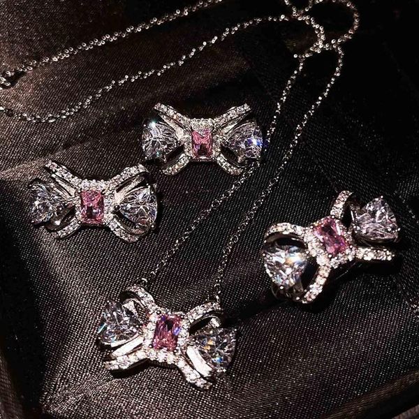 earrings & necklace fashion luxury jewelry set pink crystal zircon bow pendant elegant exquisite ring for women wedding party, Silver
earrings & necklace fashion luxury jewelry set pink crystal zircon bow pendant elegant exquisite ring for women wedding party, Silver