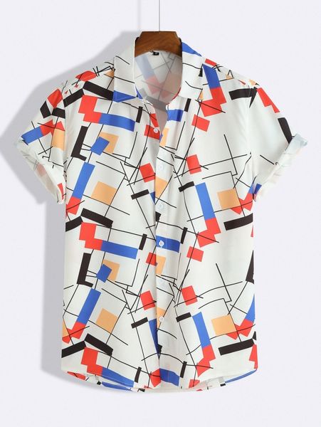 men random geo print shirt l5l5#, White;black