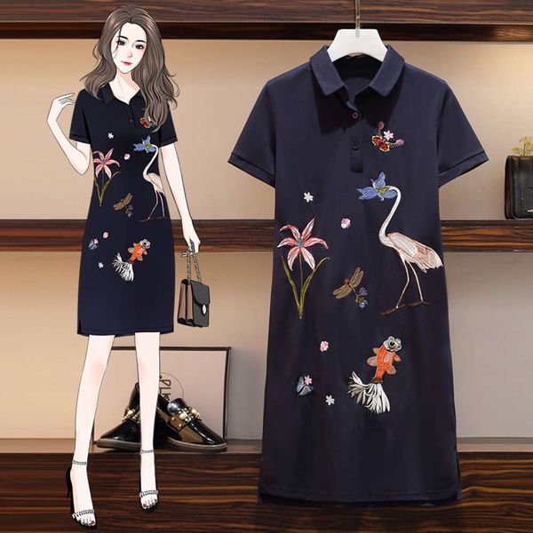 large women's 2021 fat mm summer new dress polo collar shirt skirt chinese style embroidery loose, Black;gray
large women's 2021 fat mm summer new dress polo collar shirt skirt chinese style embroidery loose, Black;gray