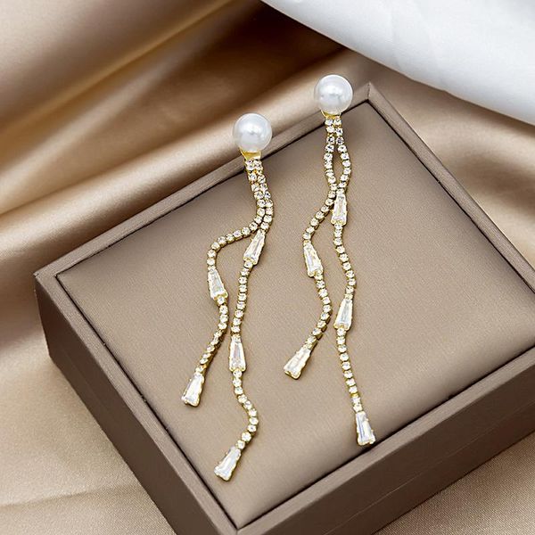 dangle & chandelier fashion elegant pearl long tassel drop earrings shiny crystal zircon spike chain charming earring stud accessory, Silver
dangle & chandelier fashion elegant pearl long tassel drop earrings shiny crystal zircon spike chain charming earring stud accessory, Silver