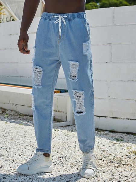 men ripped frayed drawstring waist jeans y3v4#, Blue 
men ripped frayed drawstring waist jeans y3v4#, Blue