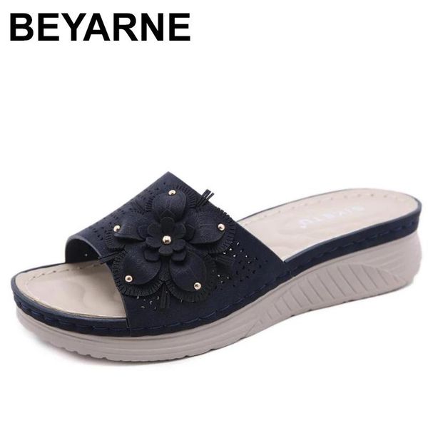 beyarne women summer sandals fashion flowers solid cover heel flat platform heel casual ladies plus size wedges slippers, Black