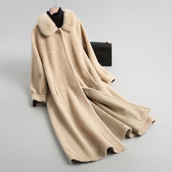 women's fur & faux 2021 sheep shearing coat with natural mink collar warm winter jacket women suede leather liner long real wool coats, Black
women's fur & faux 2021 sheep shearing coat with natural mink collar warm winter jacket women suede leather liner long real wool coats, Black