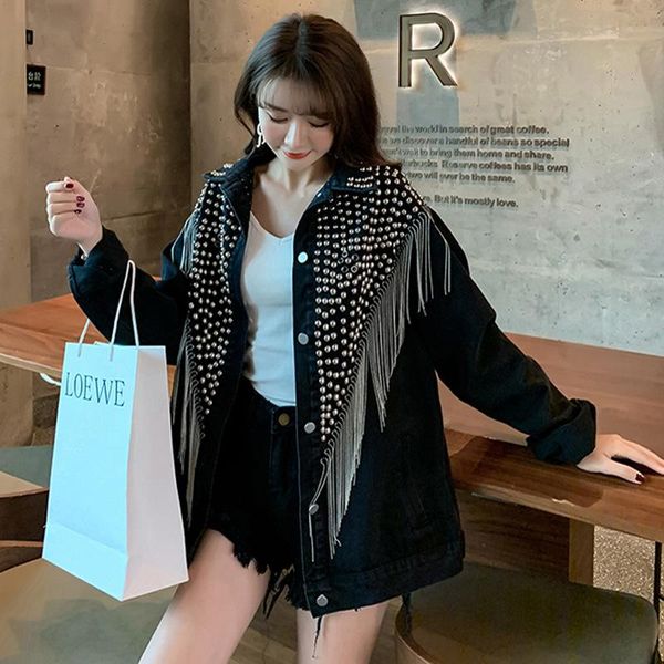 women's jackets spring autumn tassels heavy diamonds bomber coat rivet beading fringed long-sleeved loose denim jacket streeetwear 202, Black;brown
women's jackets spring autumn tassels heavy diamonds bomber coat rivet beading fringed long-sleeved loose denim jacket streeetwear 202, Black;brown
