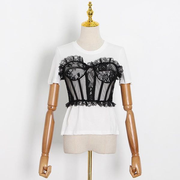 women's t-shirt chic design patchwork lace women slim o-neck short sleeve zipper hollow contrast color clothing, White
women's t-shirt chic design patchwork lace women slim o-neck short sleeve zipper hollow contrast color clothing, White