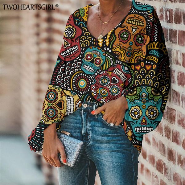 women's blouses & shirts sugar skull print woman and casual office shirt gothic summer lantern sleeve blouse fashion streetwear, White
women's blouses & shirts sugar skull print woman and casual office shirt gothic summer lantern sleeve blouse fashion streetwear, White