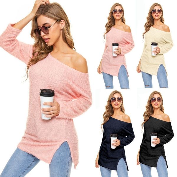 autumn and winter womens plush long sleeve slant shoulder sweater, White;black
autumn and winter womens plush long sleeve slant shoulder sweater, White;black