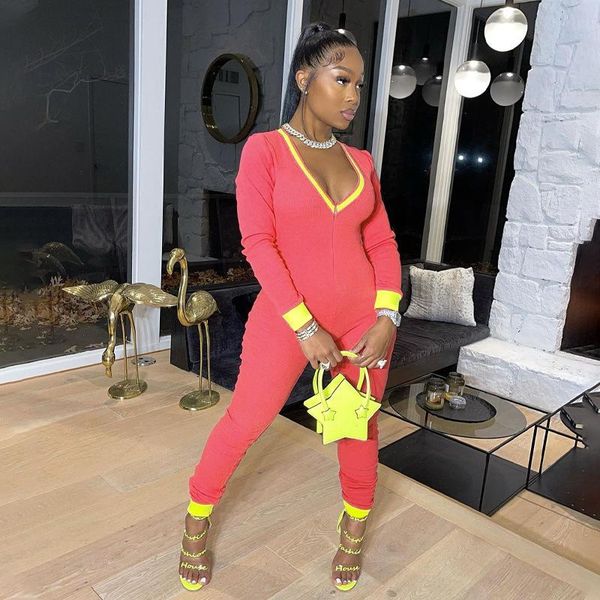 women's jumpsuits & rompers 2021 woman lounge wear overalls workout active winter long sleeve patchwork zip up ribbed v-neck playsuits, Black;white 
women's jumpsuits & rompers 2021 woman lounge wear overalls workout active winter long sleeve patchwork zip up ribbed v-neck playsuits, Black;white