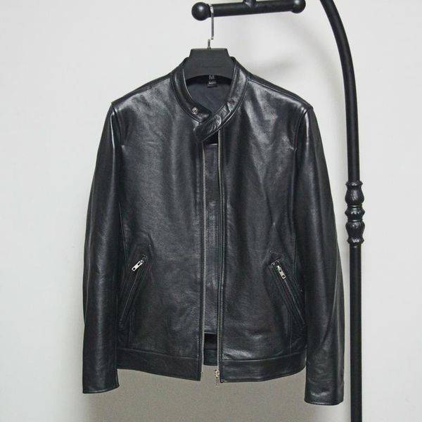 men's leather & faux first layer of cowhide clothing slim short stand collar jacket windproof, Black
men's leather & faux first layer of cowhide clothing slim short stand collar jacket windproof, Black
