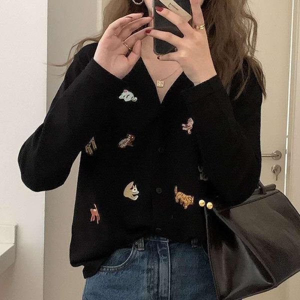 women's knits & tees 2021 korean loose v-neck animal embroidery jacquard single breasted cardigan knitted jacket for women, White
women's knits & tees 2021 korean loose v-neck animal embroidery jacquard single breasted cardigan knitted jacket for women, White