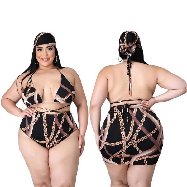 women's swimwear zoctuo black chain print swimsuit women headcarf + underpant +bra +skirt 4 piece set bathing suits summer swim bikini, White;black