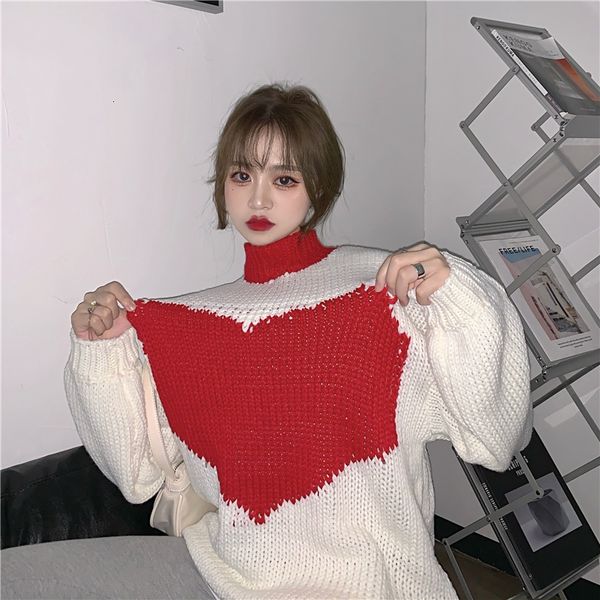 2021 new autumn and winter loose outer color matching love pullover retro high neck long sleeve thick thread knitted sweater qo19, White;black
2021 new autumn and winter loose outer color matching love pullover retro high neck long sleeve thick thread knitted sweater qo19, White;black