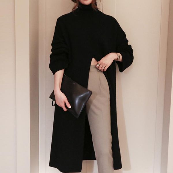 women's sweaters fashion knitted turtleneck long sweater women front split office solid pullover autumner winter elegant jumper, White;black
women's sweaters fashion knitted turtleneck long sweater women front split office solid pullover autumner winter elegant jumper, White;black