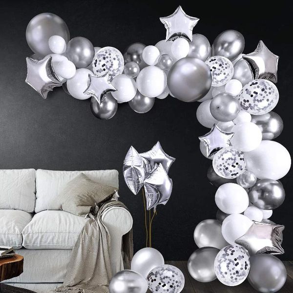 party decoration silver birthday balloon arch garland kit latex confetti balloons foil star tape strips tie tools
