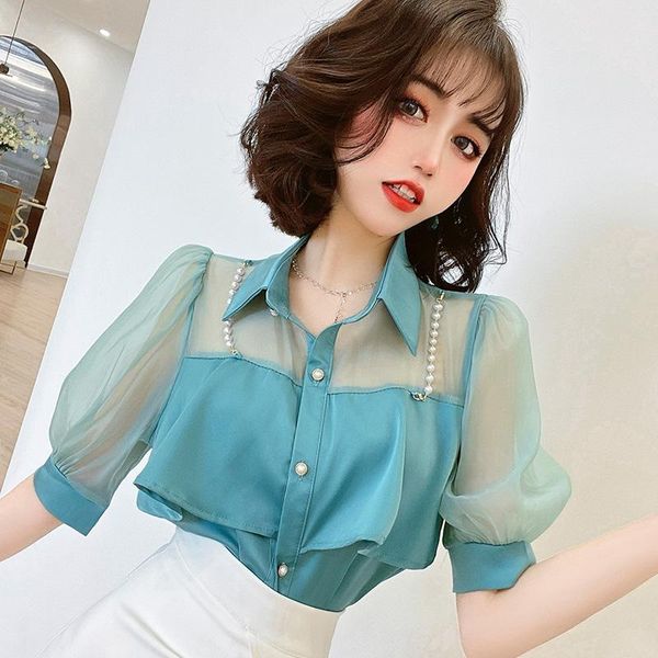 women's blouses & shirts pearl chain design shirt women in the summer of 2021 korean temperament gas solid color button v-neck rayon, White
women's blouses & shirts pearl chain design shirt women in the summer of 2021 korean temperament gas solid color button v-neck rayon, White