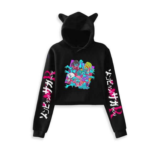 men's hoodies & sweatshirts zombie land saga minamoto sakura printi cat cropped girl long sleeve hooded pullover crop ins tide, Black