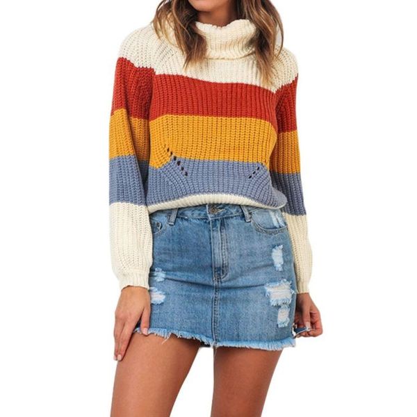 women long sleeve high neck sweater rainbow color block striped knit jumper, White;black
women long sleeve high neck sweater rainbow color block striped knit jumper, White;black