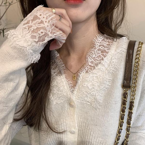 women's knits & tees lace stitching v-neck sweater loose sweet single breasted slim cardigan knitted sweaters 2021 spring women clothes, White
women's knits & tees lace stitching v-neck sweater loose sweet single breasted slim cardigan knitted sweaters 2021 spring women clothes, White