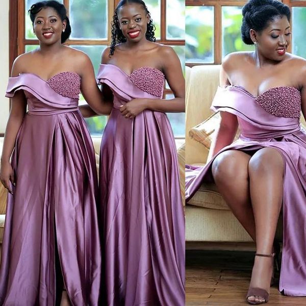 light purple bridesmaid dresses off the shoulder beaded pearls front slit elastic satin maid of honor gown plus size wedding party wear, White;pink
light purple bridesmaid dresses off the shoulder beaded pearls front slit elastic satin maid of honor gown plus size wedding party wear, White;pink