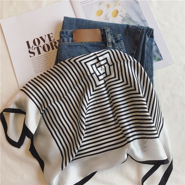 spring summer black white art light luxury silk japanese and korean simple stripe small square scarf, Blue;gray
spring summer black white art light luxury silk japanese and korean simple stripe small square scarf, Blue;gray