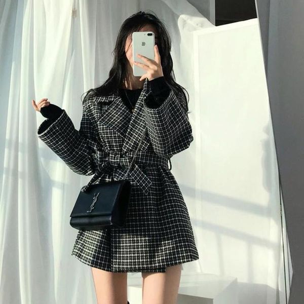 women's wool & blends women plaid woolen jacket waistband coat 2021, Black
women's wool & blends women plaid woolen jacket waistband coat 2021, Black