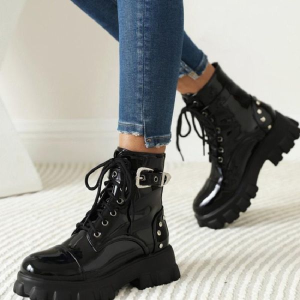 boots sianie tianie patent pu leather winter warm womans shoes round toe platform flats ankle with studded rivets size 46, Black
boots sianie tianie patent pu leather winter warm womans shoes round toe platform flats ankle with studded rivets size 46, Black