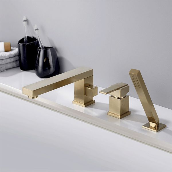 2021 new bathtub brushed gold bath shower faucet 3 hole widespread basin mixer with hand showe head and cold water tap ba0g