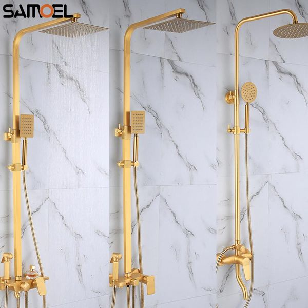 new style nordic brass golden brushed wall mounted shower faucet set with bidet square shower set st337
new style nordic brass golden brushed wall mounted shower faucet set with bidet square shower set st337