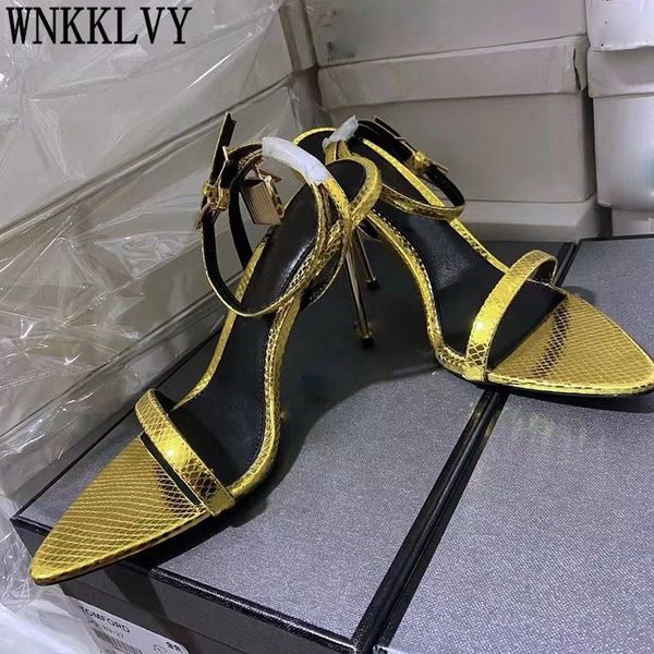 gold pointed toe high heel sandals women real leather narrow band metal lock decor ankle strap sandalias summer party shoes 210306, Black
gold pointed toe high heel sandals women real leather narrow band metal lock decor ankle strap sandalias summer party shoes 210306, Black