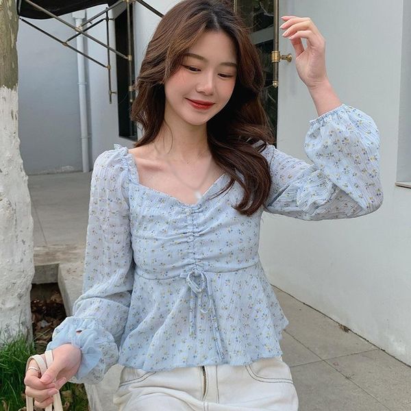 women's blouses & shirts women v neck slim sweet shirt floral print chiffon blouse spring summer long sleeves, White