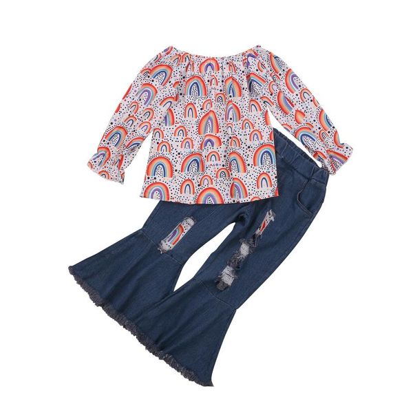 clothing sets baby girl two piece set, infant's rainbow pattern elastic collar sleeve shirt worn out jeans flared pants for children, White
clothing sets baby girl two piece set, infant's rainbow pattern elastic collar sleeve shirt worn out jeans flared pants for children, White