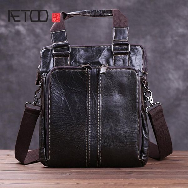 

HBP AETOO Handmade Mad Horse Leather Men's Bag, Men's Leather Vertical One-shoulder Bag, Black