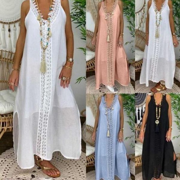 women's swimwear 2021 summer simple pure color v-neck lace stitching long sleeveless irregular split beach skirt, White;black
women's swimwear 2021 summer simple pure color v-neck lace stitching long sleeveless irregular split beach skirt, White;black