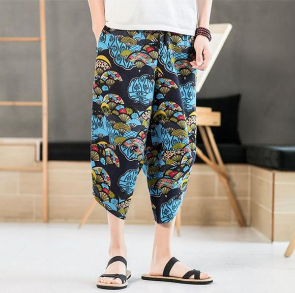 men's shorts men retro printing loose linen beach sweat casual traditional japanese floral short cropped trousers, White;black
men's shorts men retro printing loose linen beach sweat casual traditional japanese floral short cropped trousers, White;black
