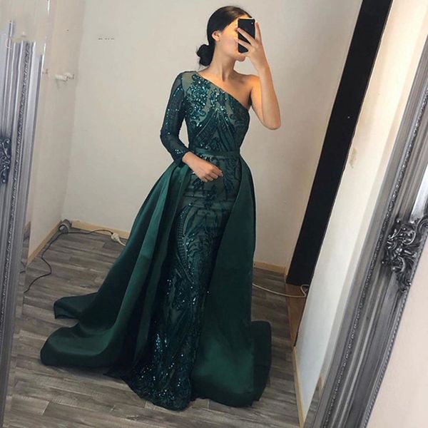 one shoulder long sleeves lace mermaid evening dresses with detachable train beaded appliques formal prom gowns, Black;red
one shoulder long sleeves lace mermaid evening dresses with detachable train beaded appliques formal prom gowns, Black;red