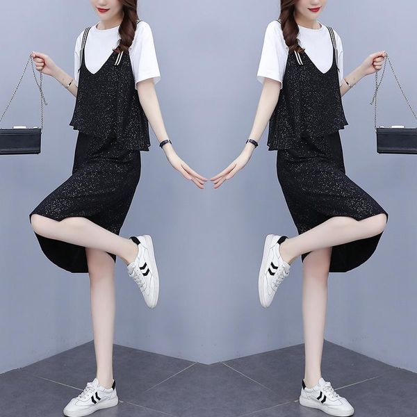 two piece dress korean style plus size women clothing set casual with t-shirt strap women's summer suit ropa formal mujer, White
two piece dress korean style plus size women clothing set casual with t-shirt strap women's summer suit ropa formal mujer, White