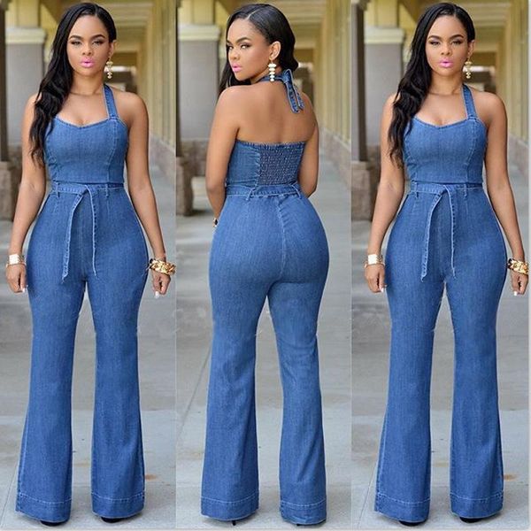 women 2021 fashion denim halter jumpsuit backless bodysuit with sashes clothing, Black;white
women 2021 fashion denim halter jumpsuit backless bodysuit with sashes clothing, Black;white