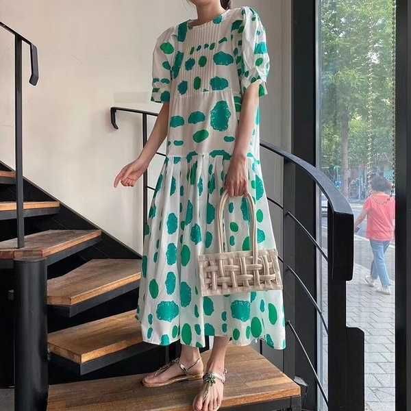 summer chic women elegant dress korean puff sleeve female dresses o neck ruched vintage dot print dress 210531, Black;gray
summer chic women elegant dress korean puff sleeve female dresses o neck ruched vintage dot print dress 210531, Black;gray