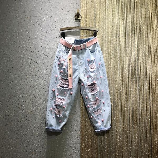 women's jeans personalized summer thin color ripped beaded high waist loose plus denim cropped harem drop crotch pants women mom, Blue
women's jeans personalized summer thin color ripped beaded high waist loose plus denim cropped harem drop crotch pants women mom, Blue