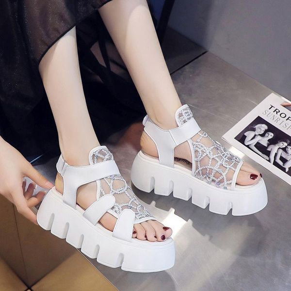 sandals 2021 summer fashion casual women mesh rhinestone platform shoes gladiator thick soled open toe, Black