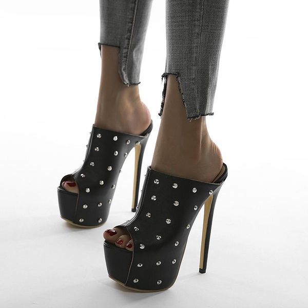 plus size 35-42 peep toe rivet women sandals ultra 16cm platform stiletto high heels sondr half slippers summer footwear, Black
plus size 35-42 peep toe rivet women sandals ultra 16cm platform stiletto high heels sondr half slippers summer footwear, Black