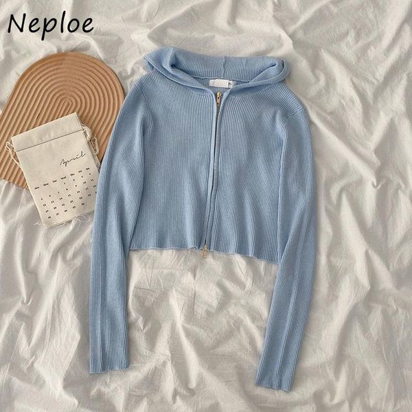 women's knits & tees neploe hooded long sleeve zipper knit sweater women slim fit 2021 solid pull femme outwear sueter simple, White