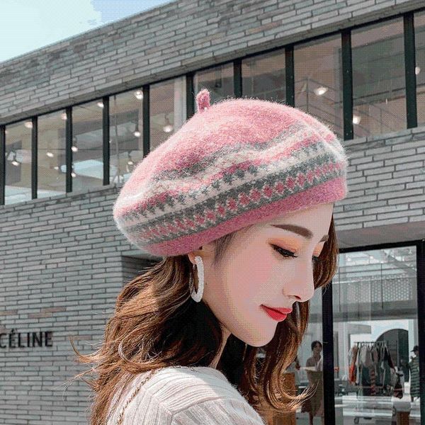 berets autumn and winter style striped wool beret korean female curled jacquard foldable hat, Blue;gray
berets autumn and winter style striped wool beret korean female curled jacquard foldable hat, Blue;gray