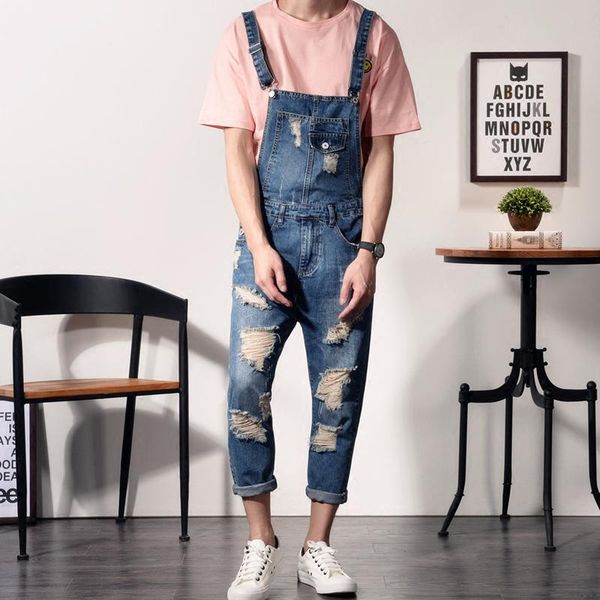 2021 new retro ripped denim cropped trousers men's korean version of slim suspenders bib pants men's overalls denim pants, Blue
2021 new retro ripped denim cropped trousers men's korean version of slim suspenders bib pants men's overalls denim pants, Blue