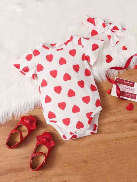 baby heart print button detail bodysuit with headband she, Blue
