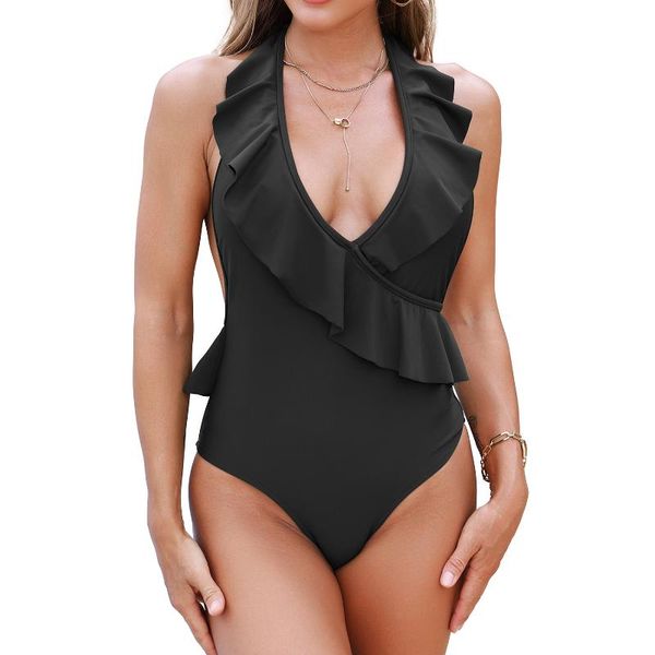 women's swimwear v neck one piece swimsuit ruffle halter backless bathing suits, White;black
women's swimwear v neck one piece swimsuit ruffle halter backless bathing suits, White;black