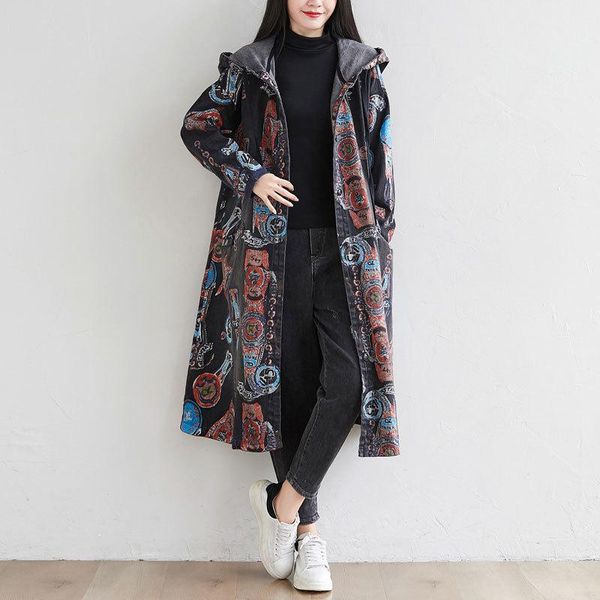 women's trench coats women hooded overcoat ladies casual loose long vintage print denim coat, Tan;black
women's trench coats women hooded overcoat ladies casual loose long vintage print denim coat, Tan;black